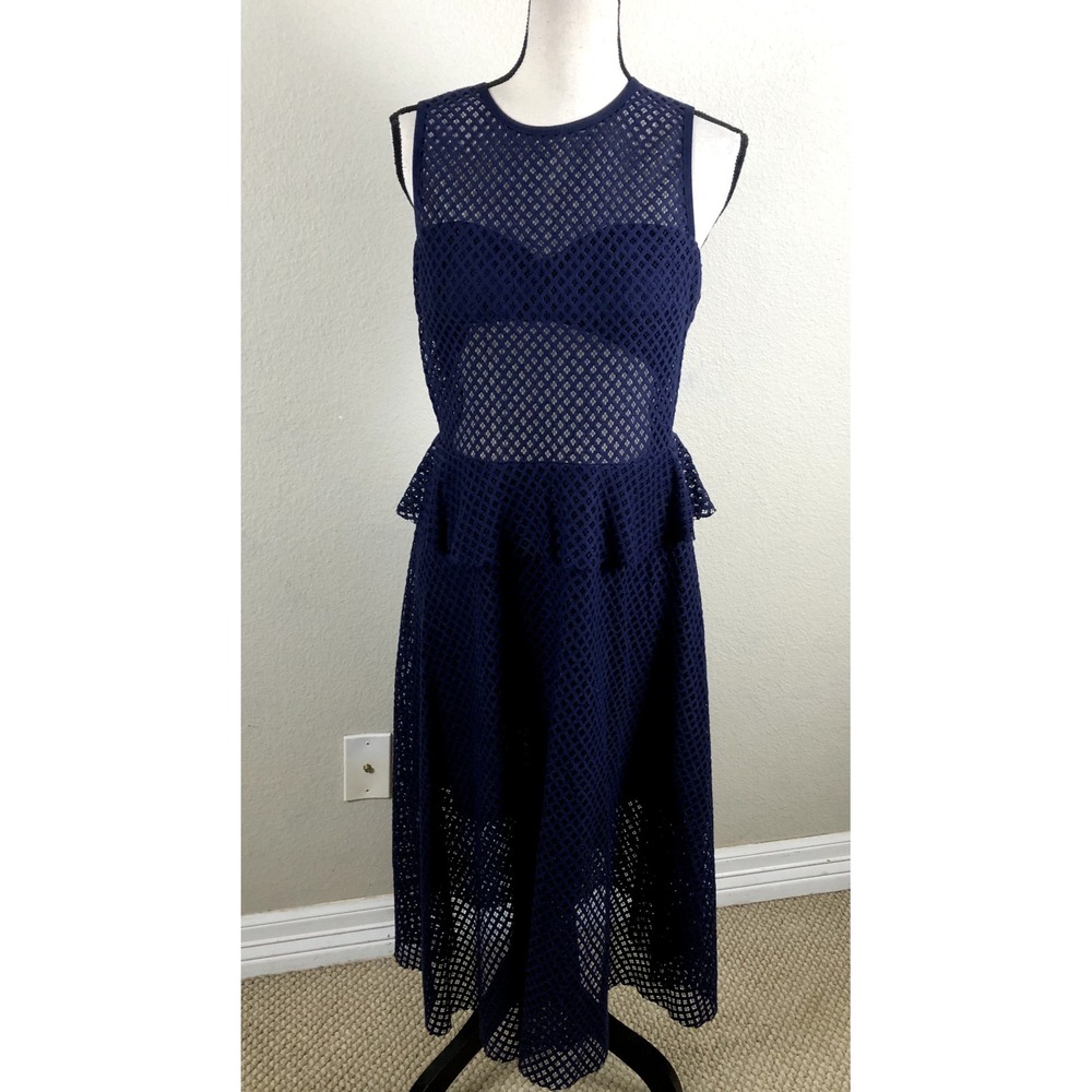 Chelsea & Violet Midi Dress Womens‎ Medium Blue Lace Mesh Sheer Peplum A Line